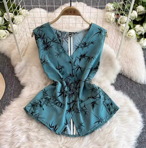 Printed V-neck Top & Trousers 2Pcs
