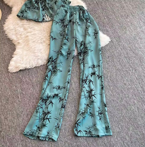Printed V-neck Top & Trousers 2Pcs