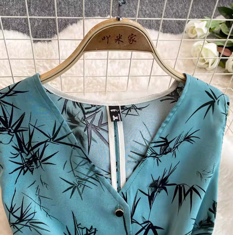 Printed V-neck Top & Trousers 2Pcs