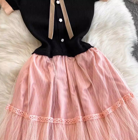 Bow-tie Layered Mesh Patchwork Dress