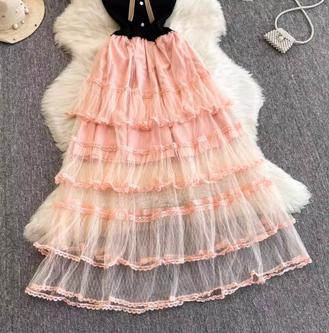 Bow-tie Layered Mesh Patchwork Dress