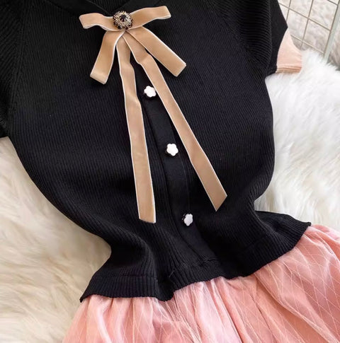 Bow-tie Layered Mesh Patchwork Dress