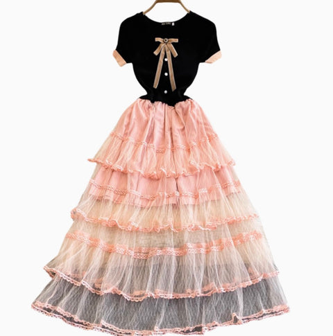 Bow-tie Layered Mesh Patchwork Dress