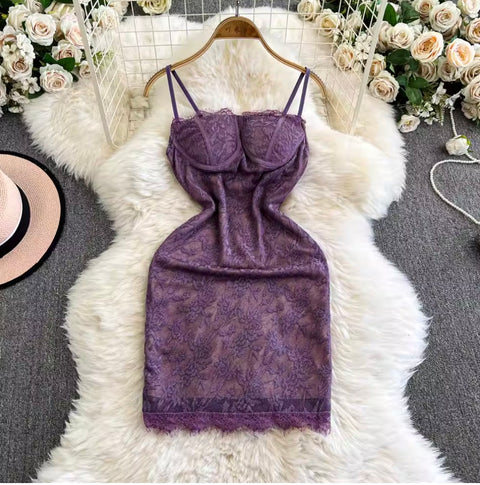Backless Embroidery Lace Slip Dress