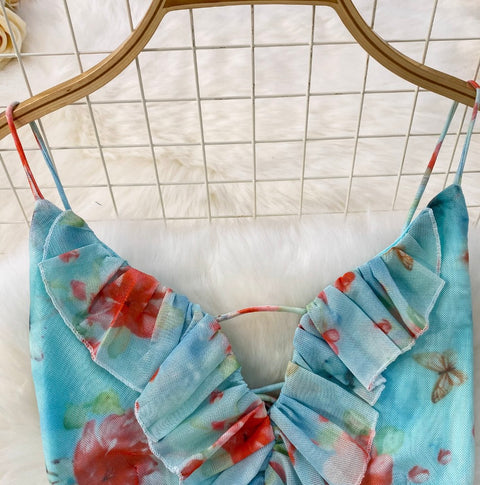 Lace-up Backless Printed Halter Dress