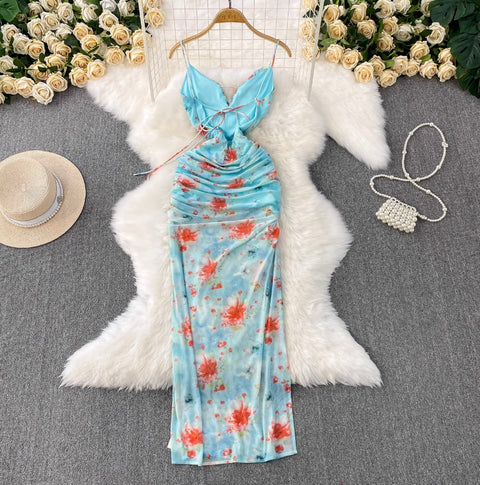 Lace-up Backless Printed Halter Dress