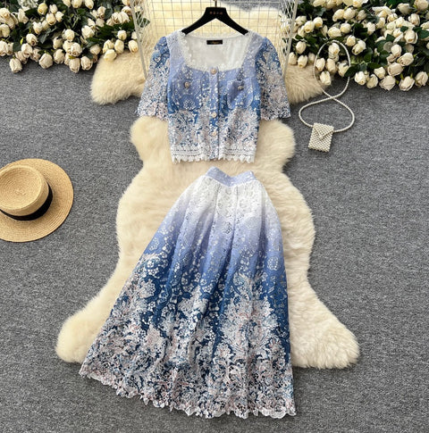 Lace Patchwork Embroidery Cardigan & Skirt 2Pcs