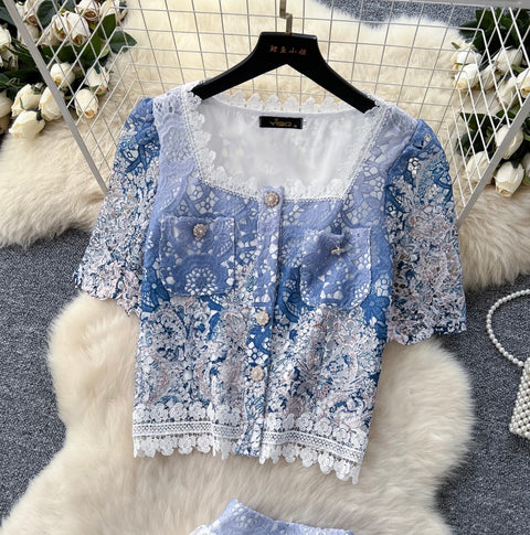 Lace Patchwork Embroidery Cardigan & Skirt 2Pcs