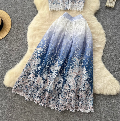 Lace Patchwork Embroidery Cardigan & Skirt 2Pcs