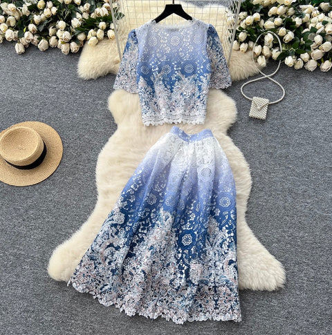 Lace Patchwork Embroidery Cardigan & Skirt 2Pcs
