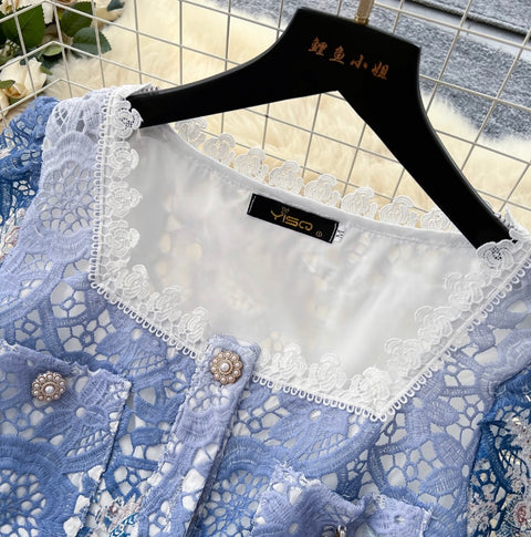 Lace Patchwork Embroidery Cardigan & Skirt 2Pcs