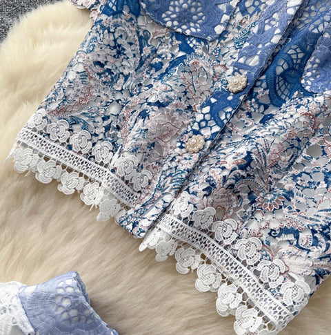 Lace Patchwork Embroidery Cardigan & Skirt 2Pcs