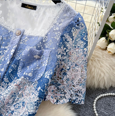 Lace Patchwork Embroidery Cardigan & Skirt 2Pcs