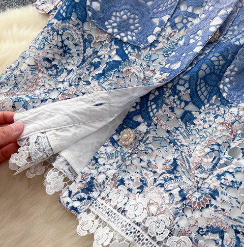 Lace Patchwork Embroidery Cardigan & Skirt 2Pcs