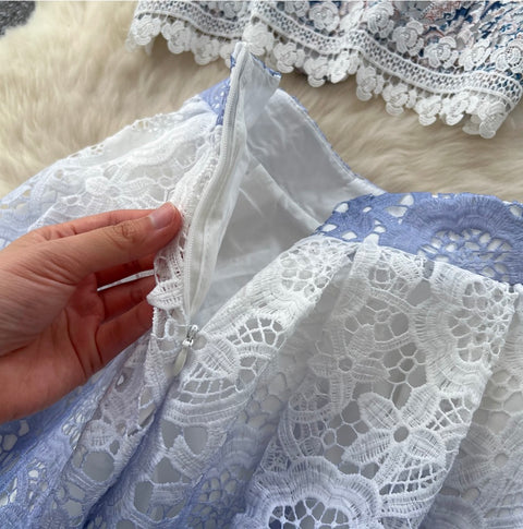 Lace Patchwork Embroidery Cardigan & Skirt 2Pcs