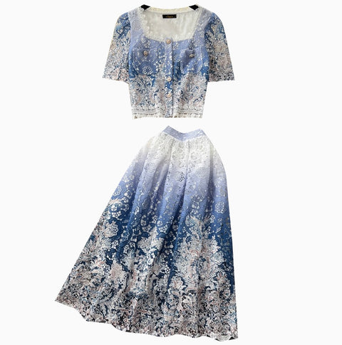 Lace Patchwork Embroidery Cardigan & Skirt 2Pcs