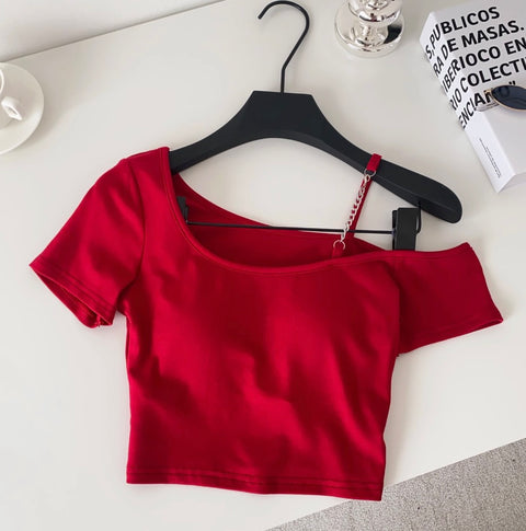 One-shoulder Midriff-baring Padded Top