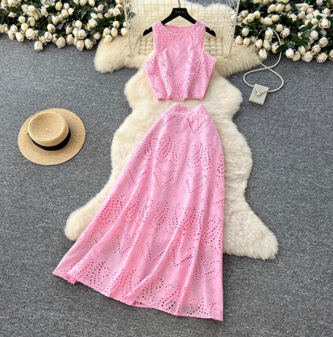 Hollowed Crochet Top & Skirt 2Pcs