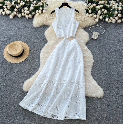 Hollowed Crochet Top & Skirt 2Pcs