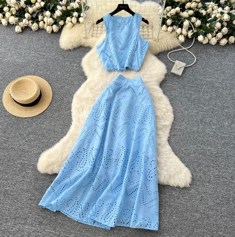 Hollowed Crochet Top & Skirt 2Pcs