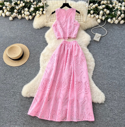 Hollowed Crochet Top & Skirt 2Pcs