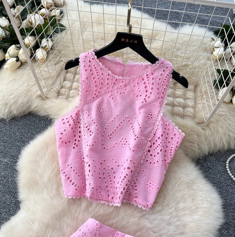 Hollowed Crochet Top & Skirt 2Pcs