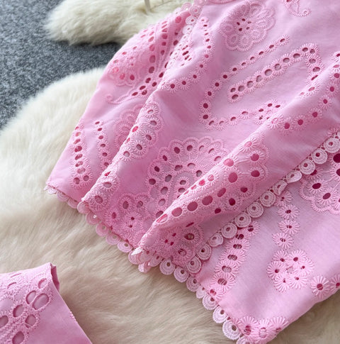 Hollowed Crochet Top & Skirt 2Pcs