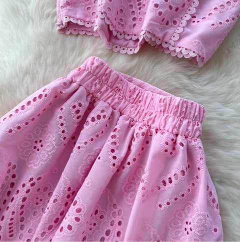 Hollowed Crochet Top & Skirt 2Pcs