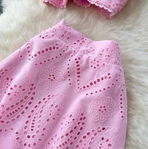 Hollowed Crochet Top & Skirt 2Pcs