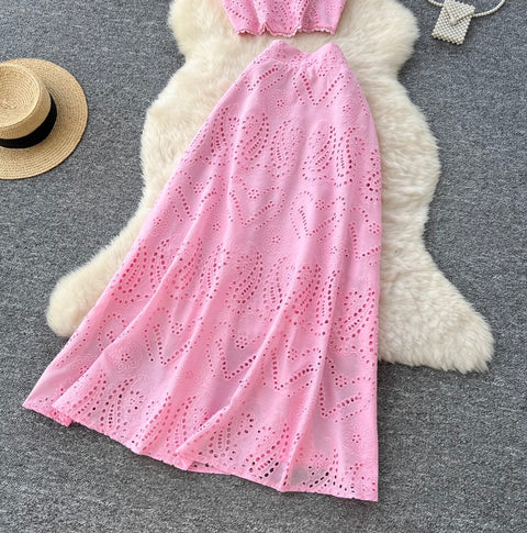 Hollowed Crochet Top & Skirt 2Pcs