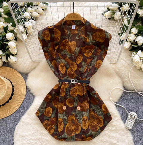 Suit Collar Printed Vest with Belt