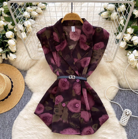Suit Collar Printed Vest with Belt