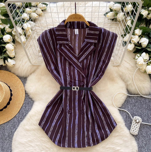 Suit Collar Printed Vest with Belt