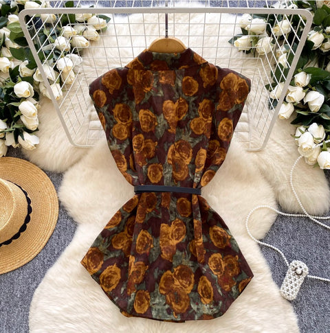 Suit Collar Printed Vest with Belt