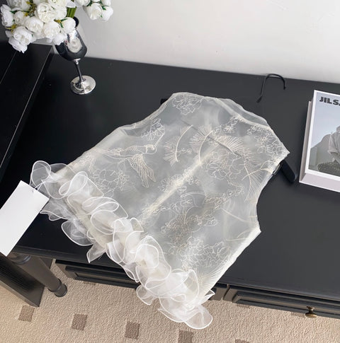 Niche Thin Embroidery White Mesh Top