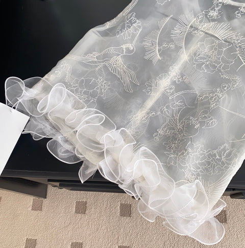 Niche Thin Embroidery White Mesh Top