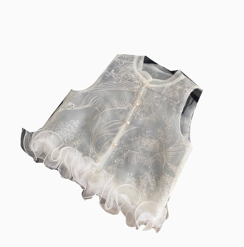 Niche Thin Embroidery White Mesh Top
