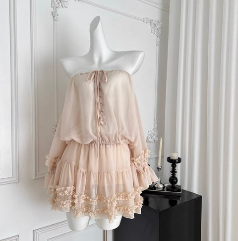 Off-shoulder Chiffon Top & Skirt 2Pcs