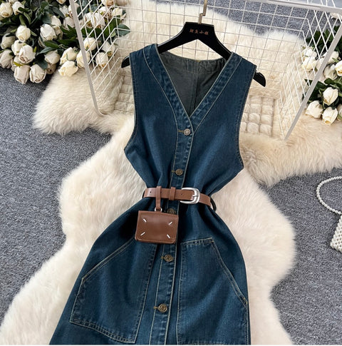 Premium Sleeveless Denim Shirt Dress