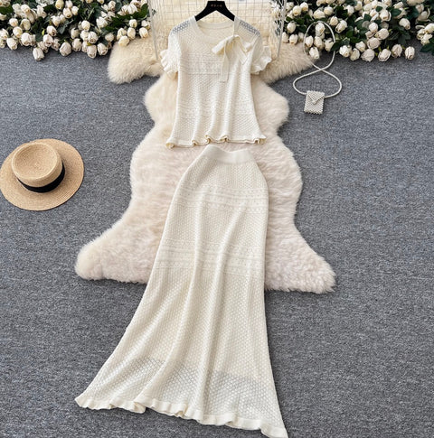 Bow-tie Knitwear & Skirt Hollowed 2Pcs