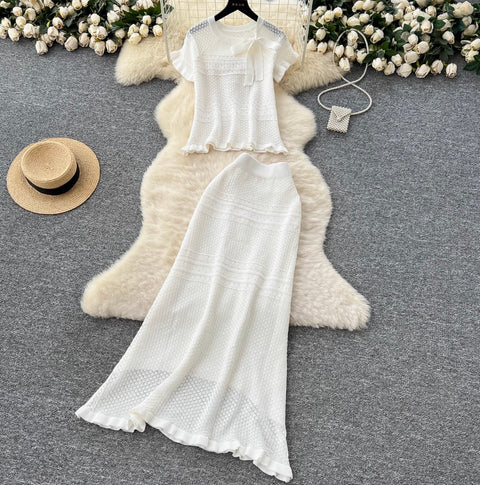 Bow-tie Knitwear & Skirt Hollowed 2Pcs