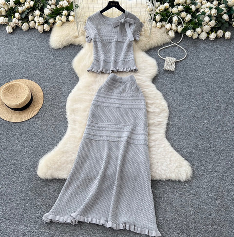 Bow-tie Knitwear & Skirt Hollowed 2Pcs