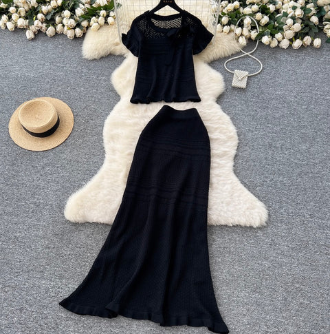 Bow-tie Knitwear & Skirt Hollowed 2Pcs