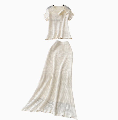 Bow-tie Knitwear & Skirt Hollowed 2Pcs
