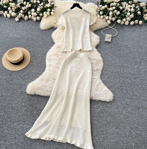 Bow-tie Knitwear & Skirt Hollowed 2Pcs