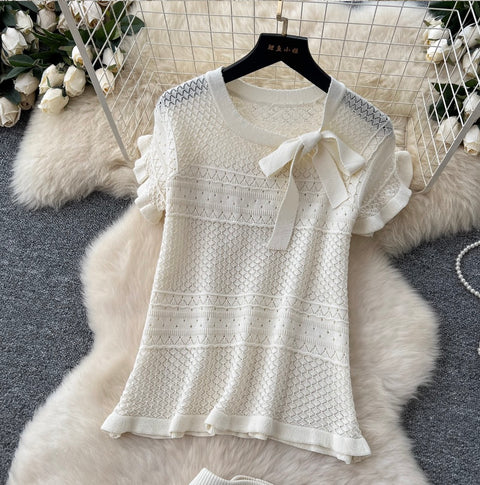 Bow-tie Knitwear & Skirt Hollowed 2Pcs