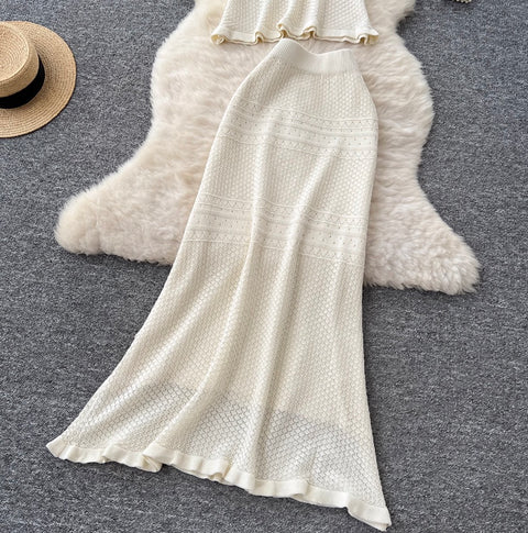 Bow-tie Knitwear & Skirt Hollowed 2Pcs