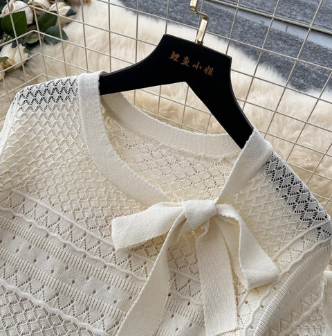 Bow-tie Knitwear & Skirt Hollowed 2Pcs