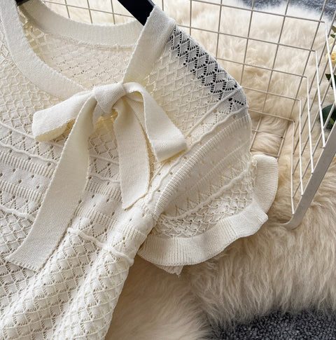 Bow-tie Knitwear & Skirt Hollowed 2Pcs