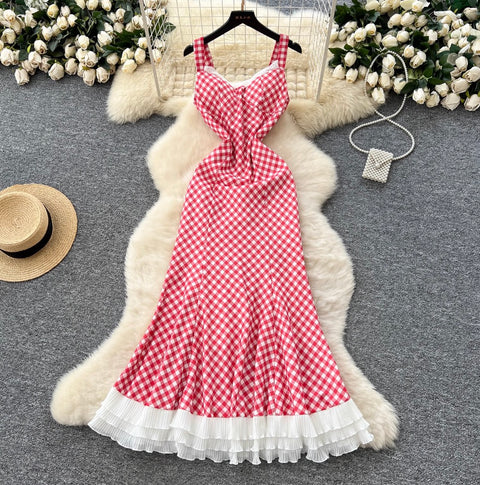 Mori Plaid Printed Lace Slip Dress